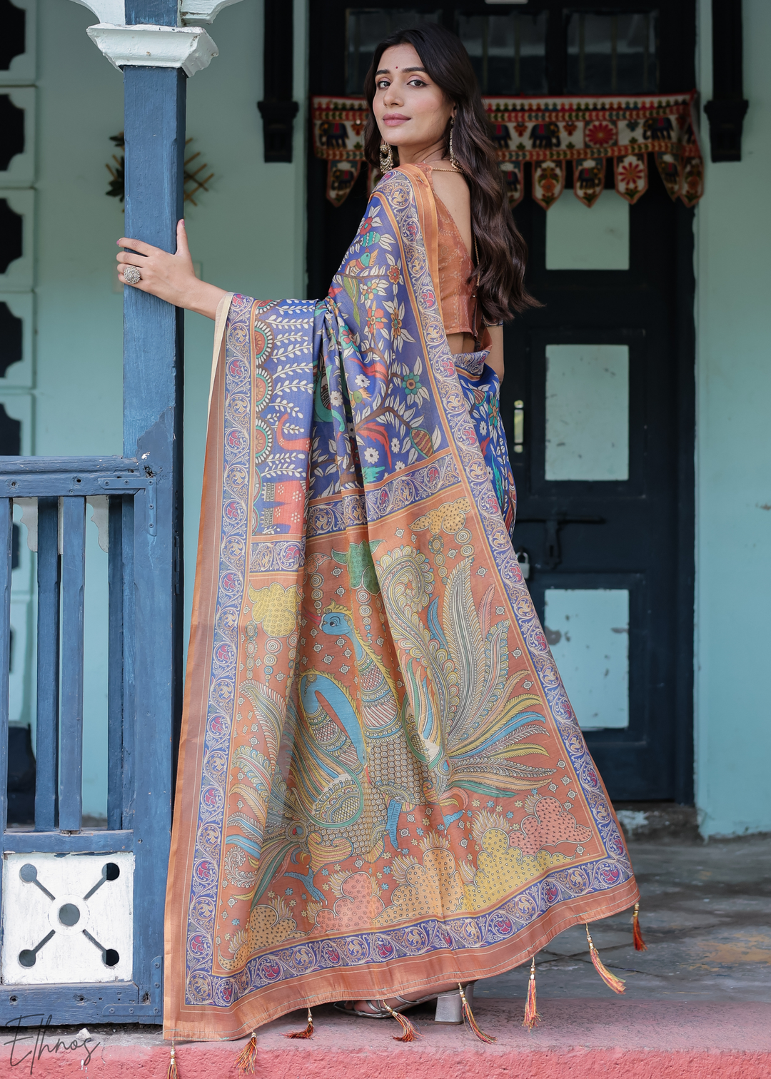 Navy Blue Royal Heritage Cotton Linen Saree