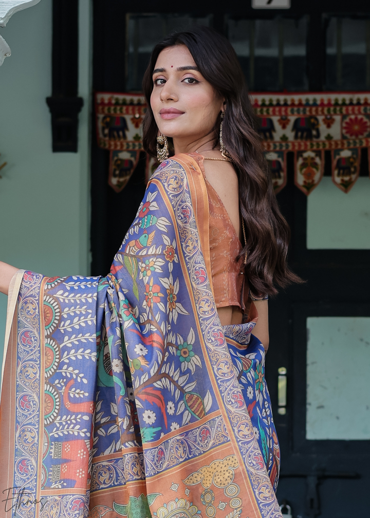 Navy Blue Royal Heritage Cotton Linen Saree