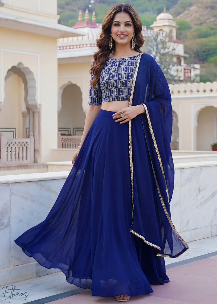 Navy Blue Sequins Georgette Lehanga