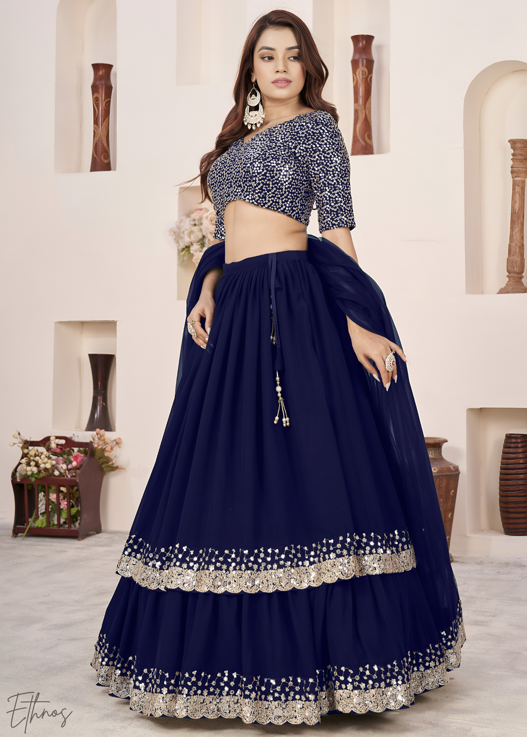 Navy Blue Sequins Georgette Lehenga