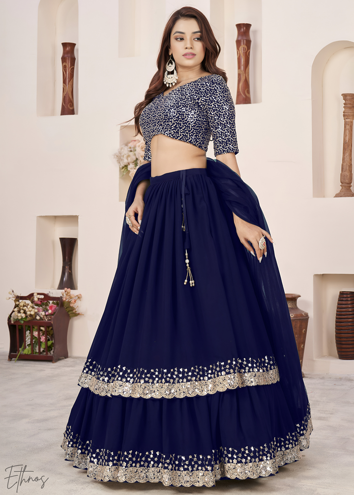 Navy Blue Sequins Georgette Lehenga