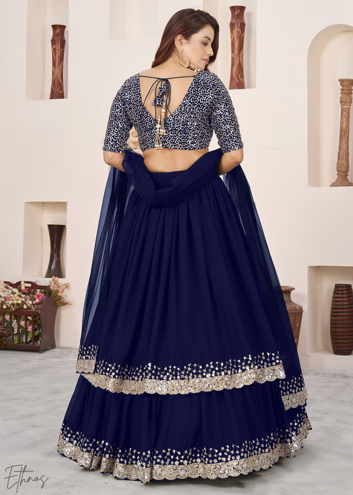 Navy Blue Sequins Georgette Lehenga