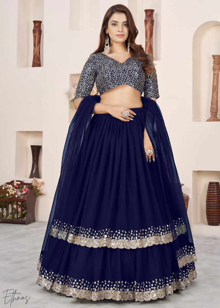 Navy Blue Sequins Georgette Lehenga