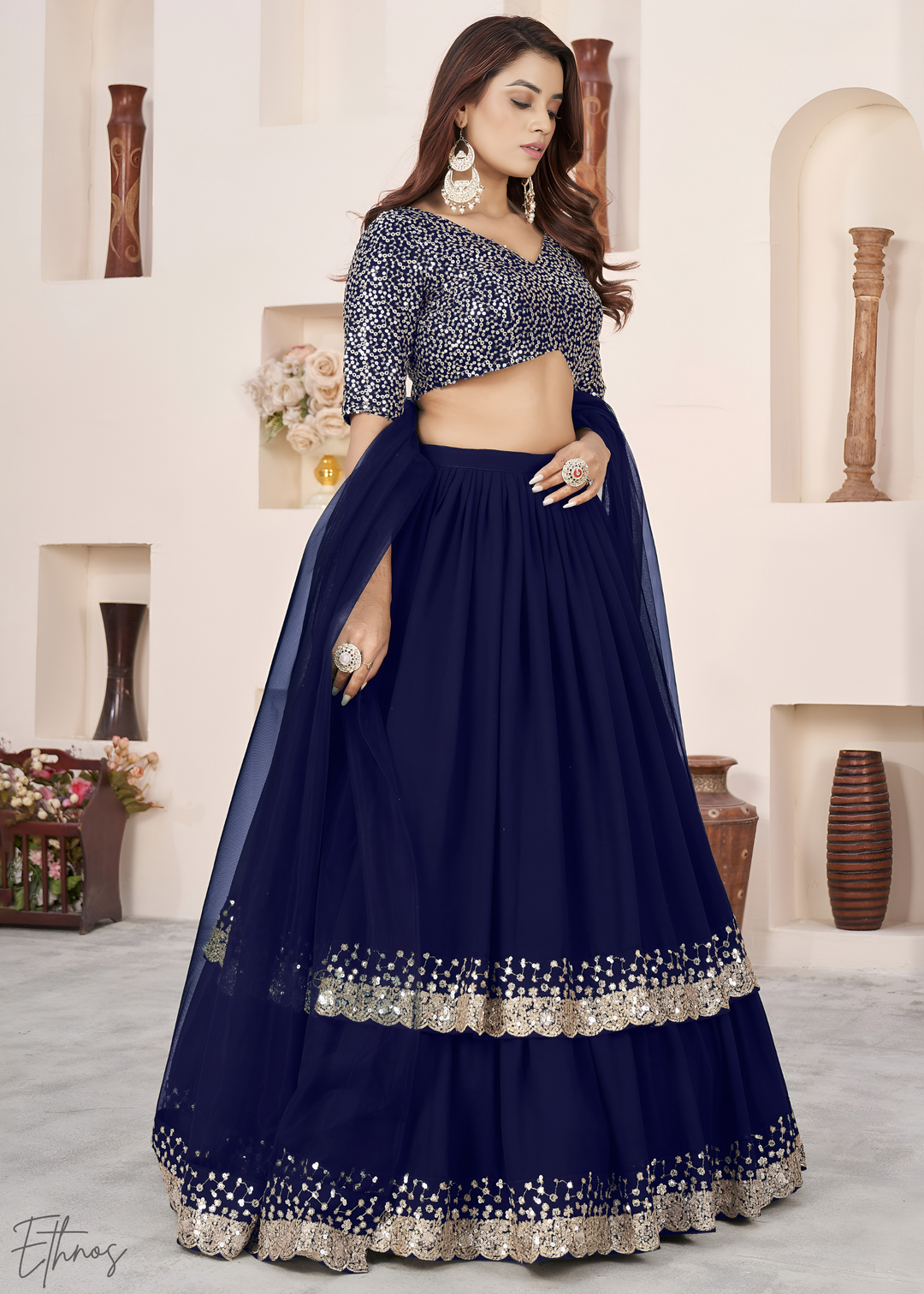 Navy Blue Sequins Georgette Lehenga