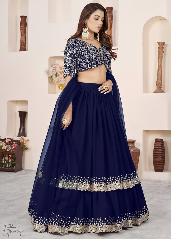 Navy Blue Sequins Georgette Lehenga