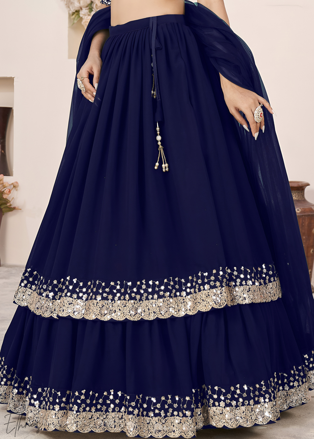 Navy Blue Sequins Georgette Lehenga