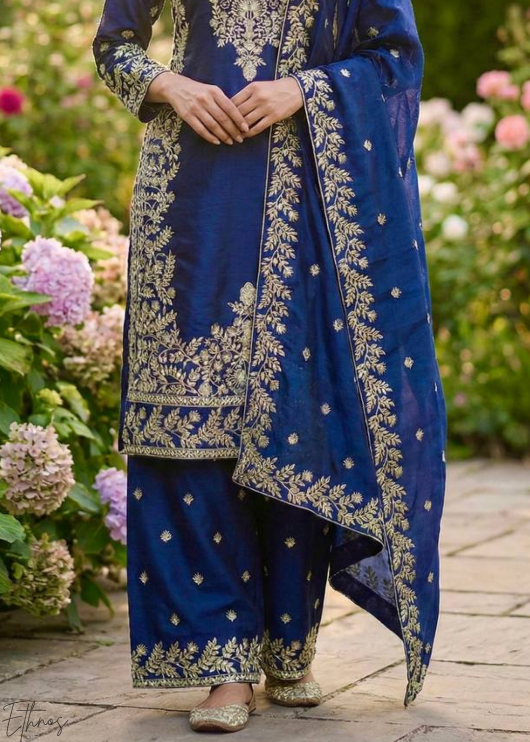 Navy Blue Silk Embroidered Silk Palazzo Suit