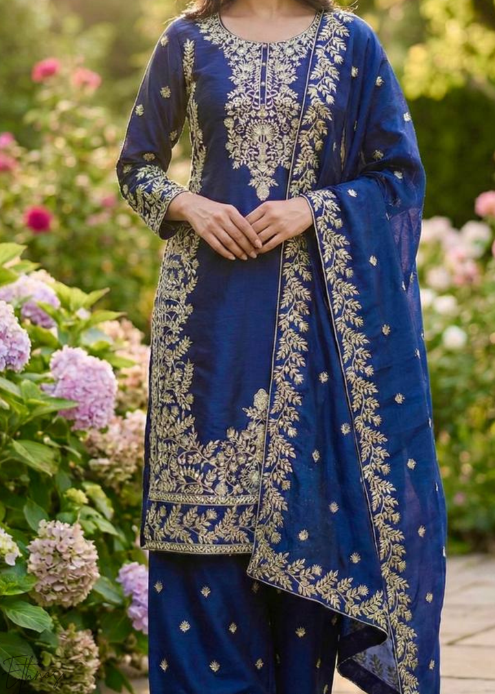 Navy Blue Silk Embroidered Silk Palazzo Suit