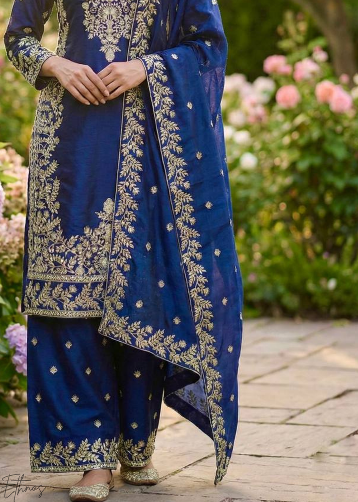 Navy Blue Silk Embroidered Silk Palazzo Suit