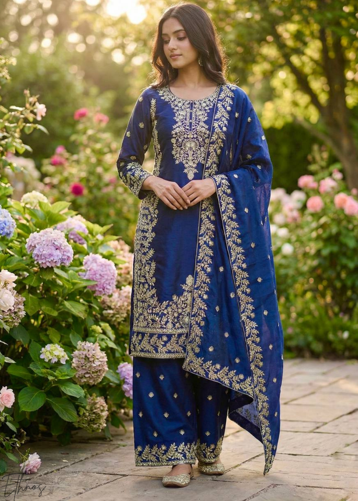 Navy Blue Silk Embroidered Silk Palazzo Suit