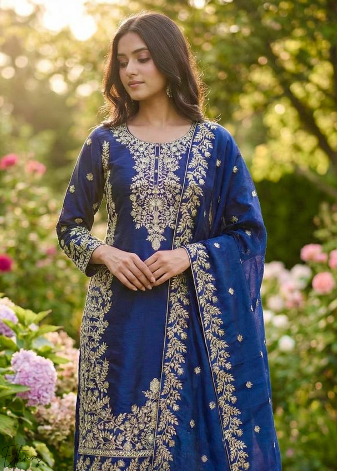 Navy Blue Silk Embroidered Silk Palazzo Suit