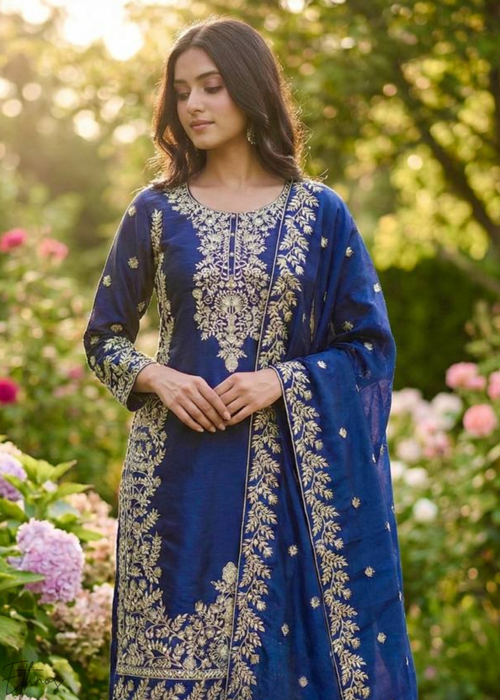 Navy Blue Silk Embroidered Silk Palazzo Suit
