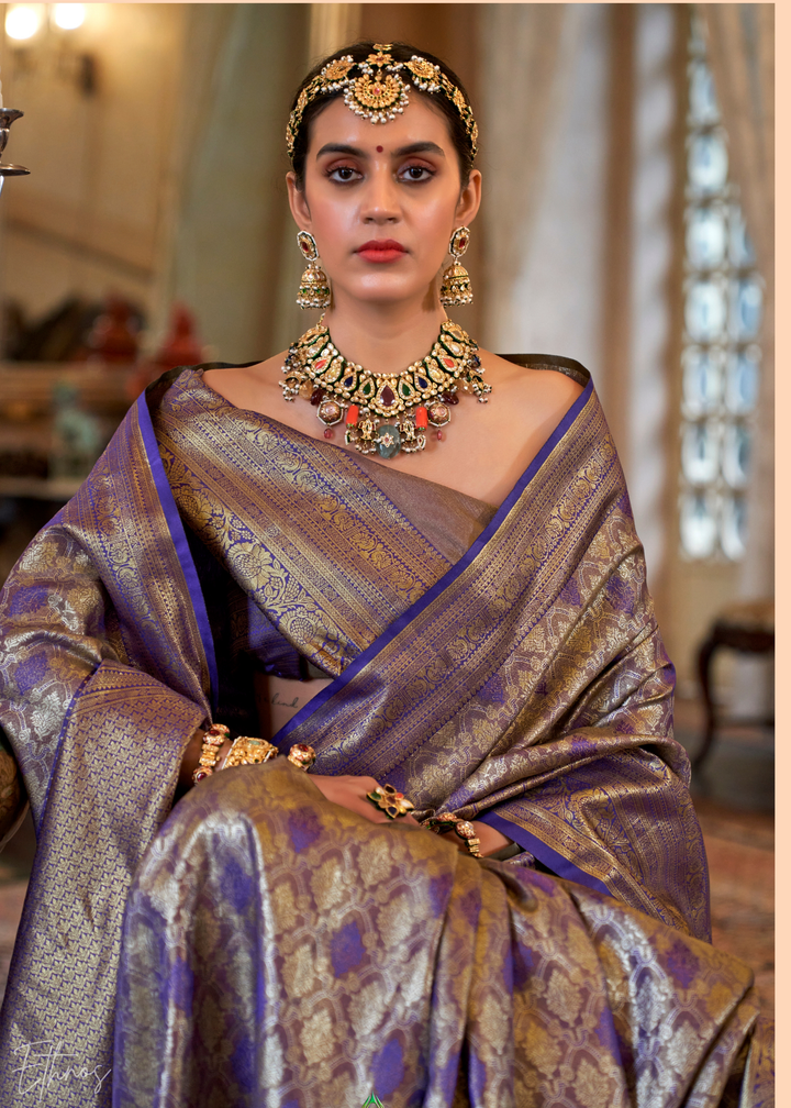 Navy Blue Tissue Dharmavaram Silk Saree