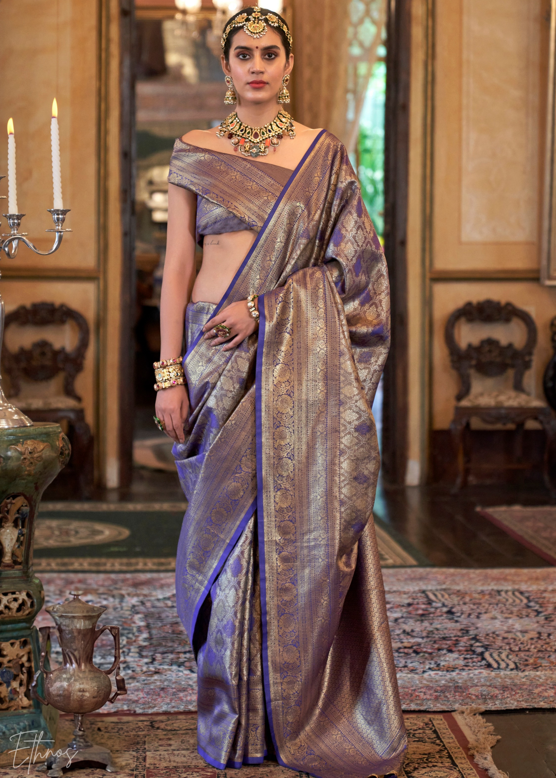 Navy Blue Tissue Dharmavaram Silk Saree