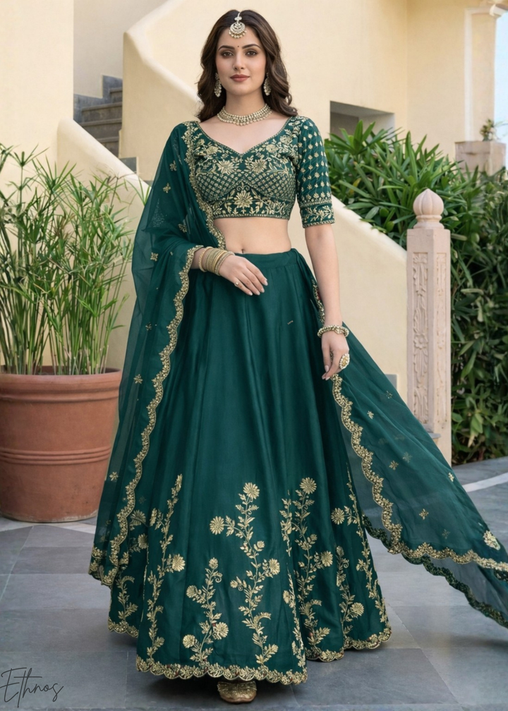 Teal Green Floret Zari Rangoli Silk Lehenga