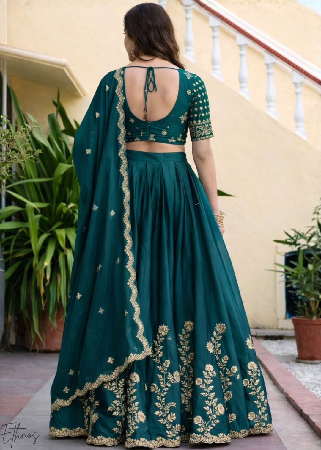 Teal Green Floret Zari Rangoli Silk Lehenga