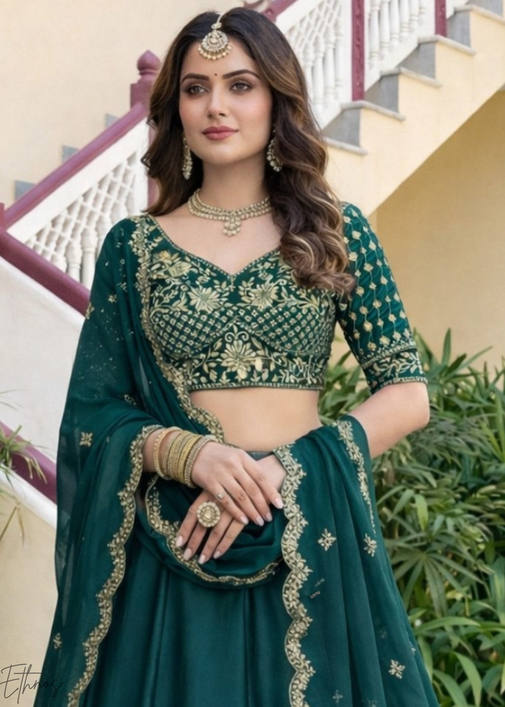 Teal Green Floret Zari Rangoli Silk Lehenga