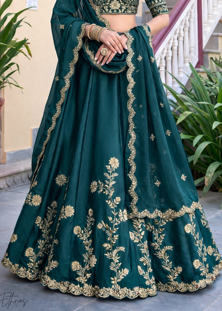 Teal Green Floret Zari Rangoli Silk Lehenga