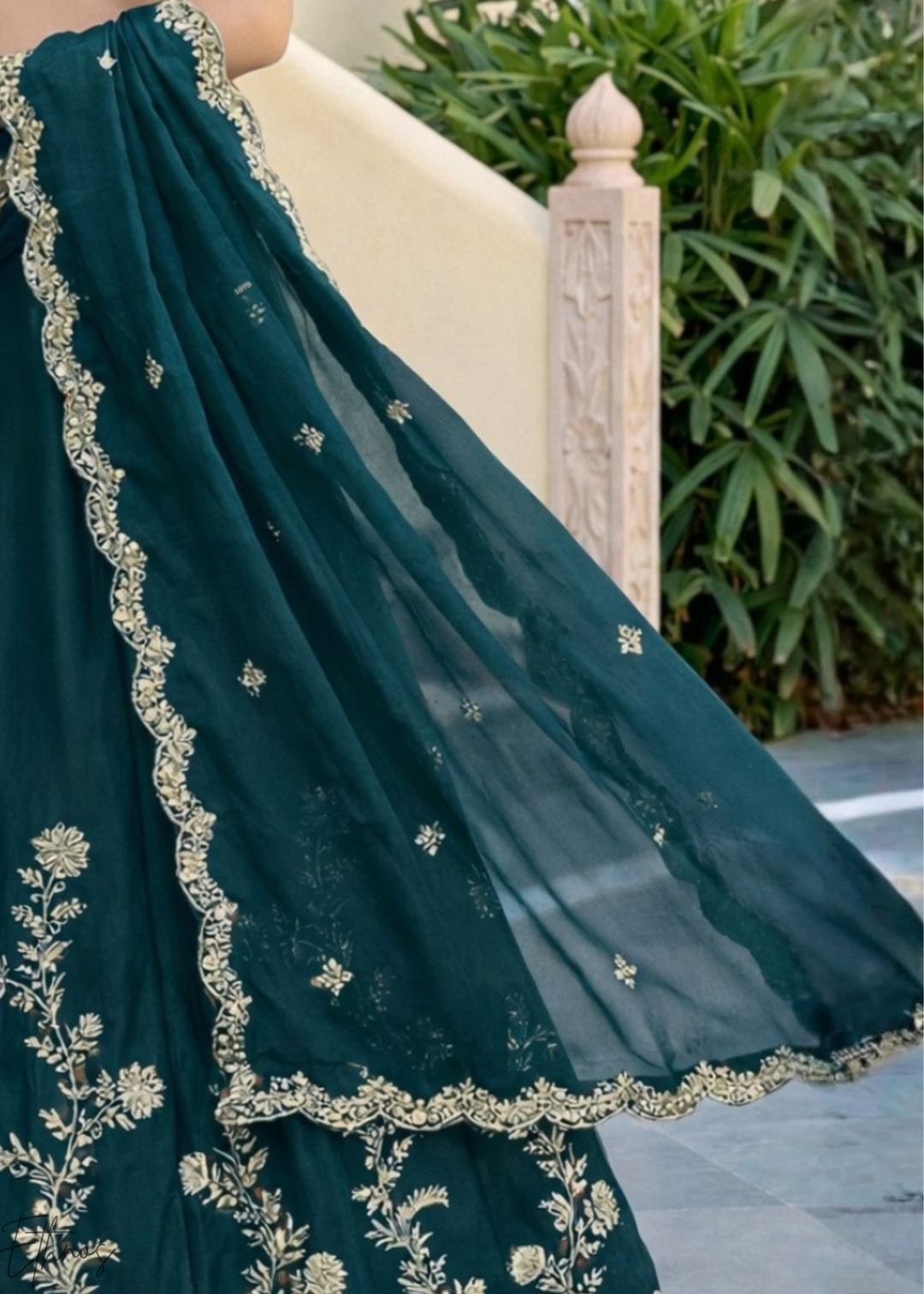 Teal Green Floret Zari Rangoli Silk Lehenga