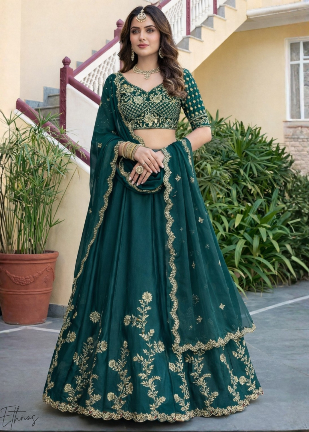 Teal Green Floret Zari Rangoli Silk Lehenga