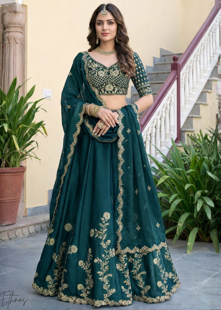 Teal Green Floret Zari Rangoli Silk Lehenga