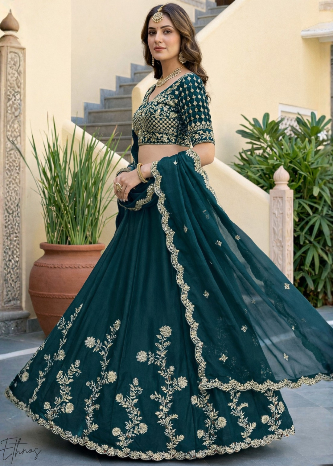 Teal Green Floret Zari Rangoli Silk Lehenga