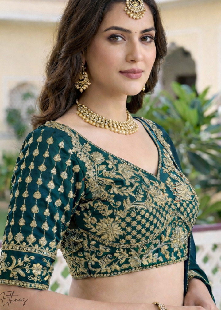 Teal Green Floret Zari Rangoli Silk Lehenga