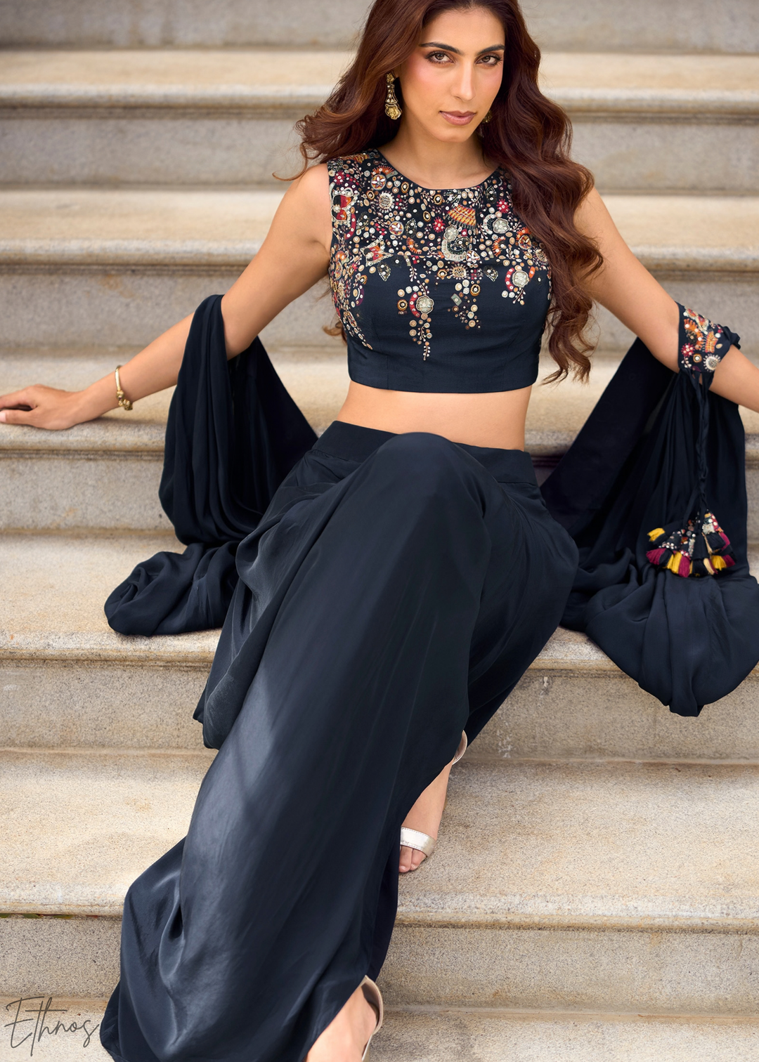 Obsidian Baroque Filigree Faux Georgette Fusion Cape Skirt set