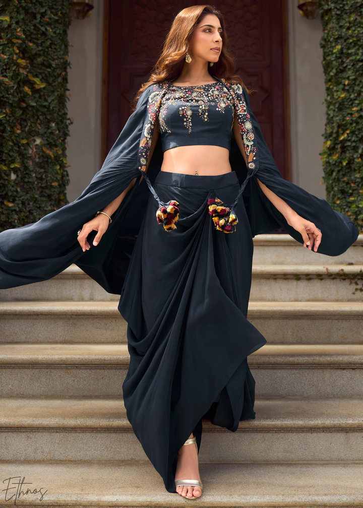 Obsidian Baroque Filigree Faux Georgette Fusion Cape Skirt set