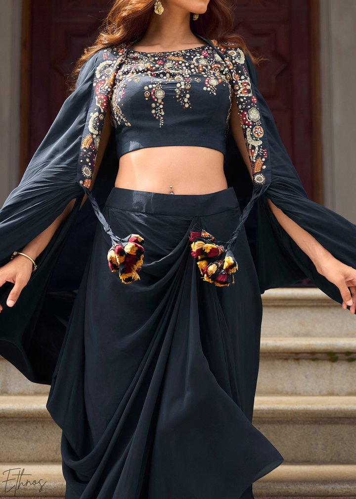 Obsidian Baroque Filigree Faux Georgette Fusion Cape Skirt set