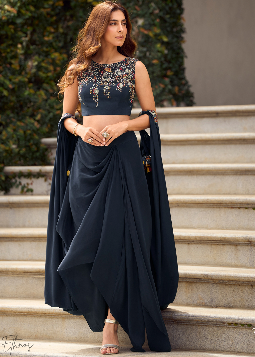 Obsidian Baroque Filigree Faux Georgette Fusion Cape Skirt set