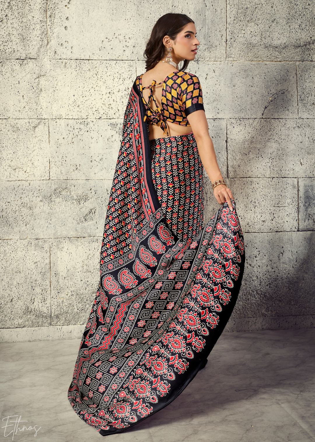 Obsidian Black Ajrakh Printed Modal Satin Saree