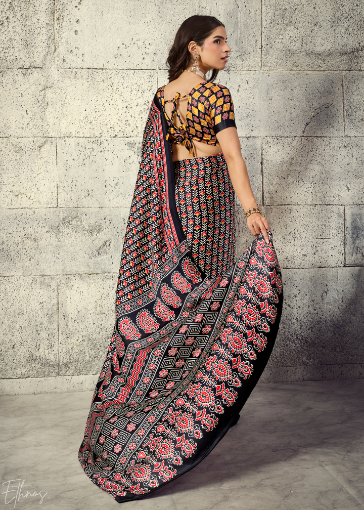 Obsidian Black Ajrakh Printed Modal Satin Saree