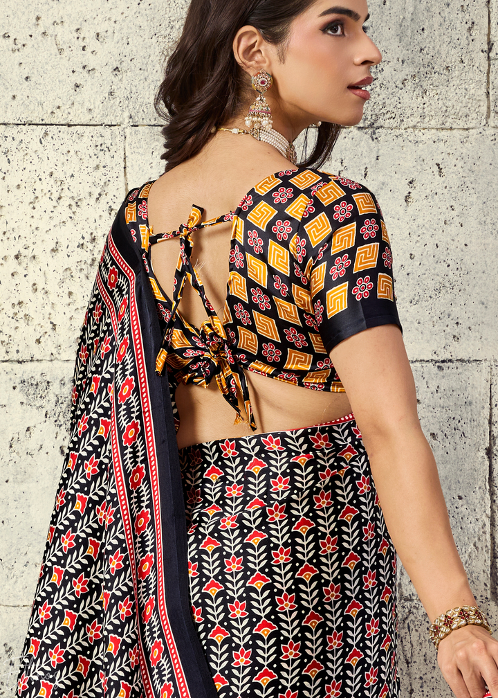 Obsidian Black Ajrakh Printed Modal Satin Saree