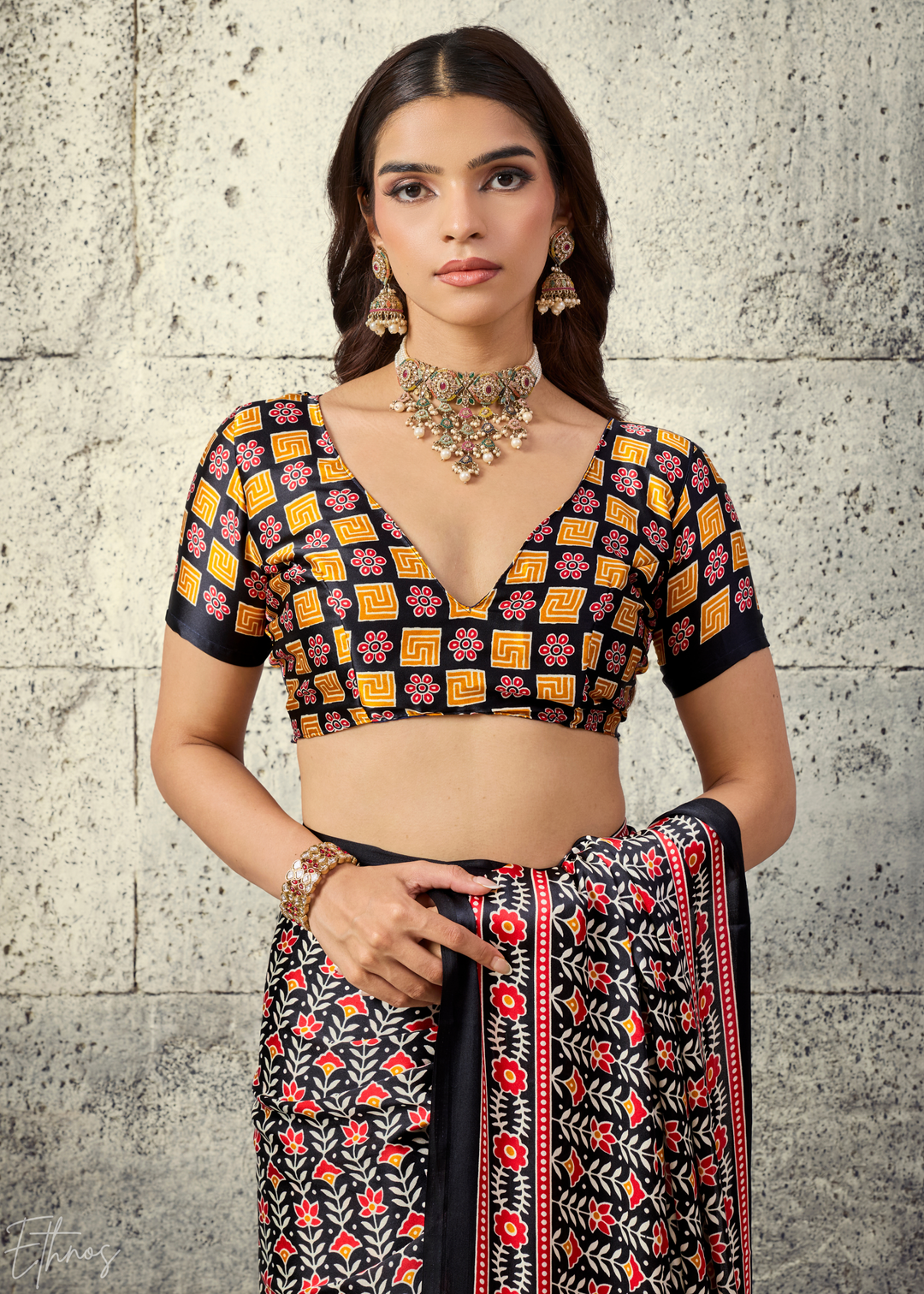 Obsidian Black Ajrakh Printed Modal Satin Saree