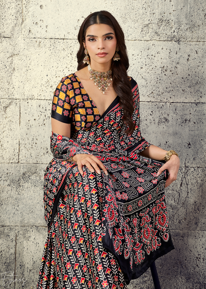 Obsidian Black Ajrakh Printed Modal Satin Saree