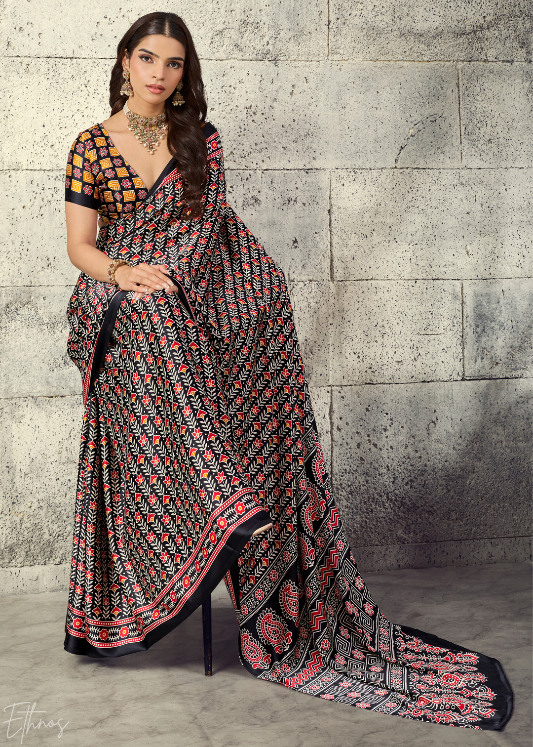 Obsidian Black Ajrakh Printed Modal Satin Saree