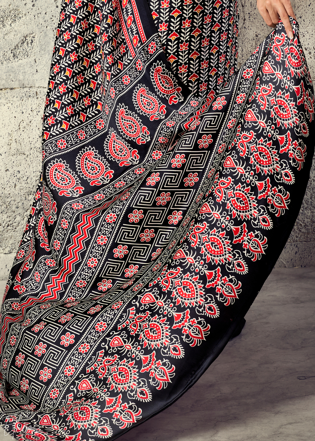 Obsidian Black Ajrakh Printed Modal Satin Saree