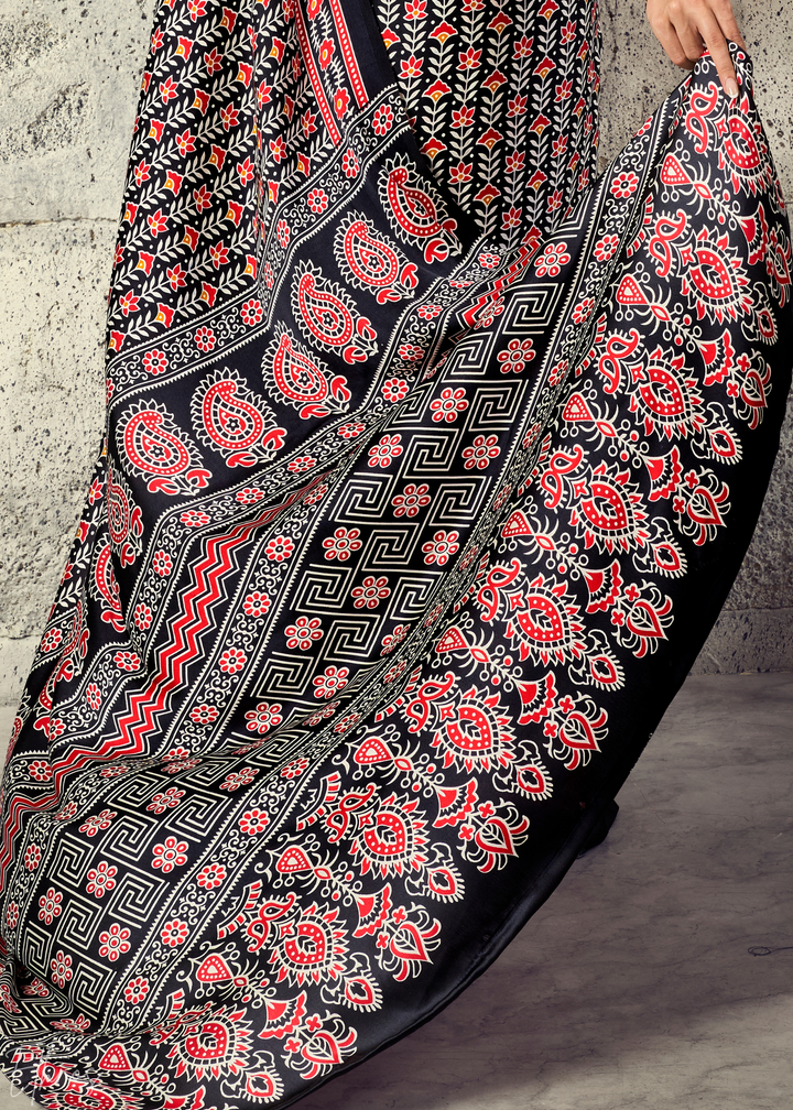 Obsidian Black Ajrakh Printed Modal Satin Saree