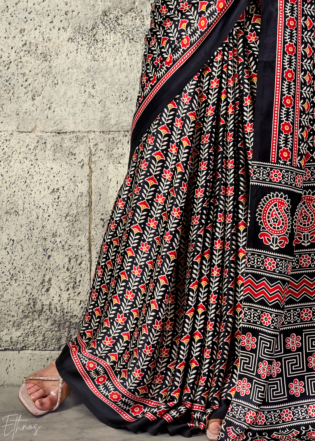 Obsidian Black Ajrakh Printed Modal Satin Saree