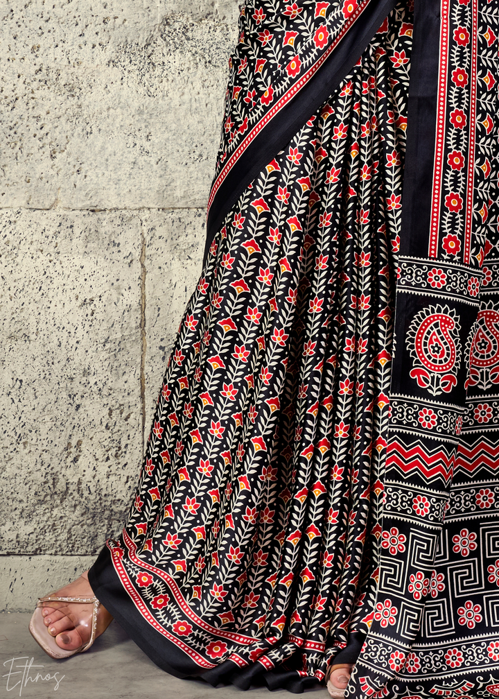 Obsidian Black Ajrakh Printed Modal Satin Saree