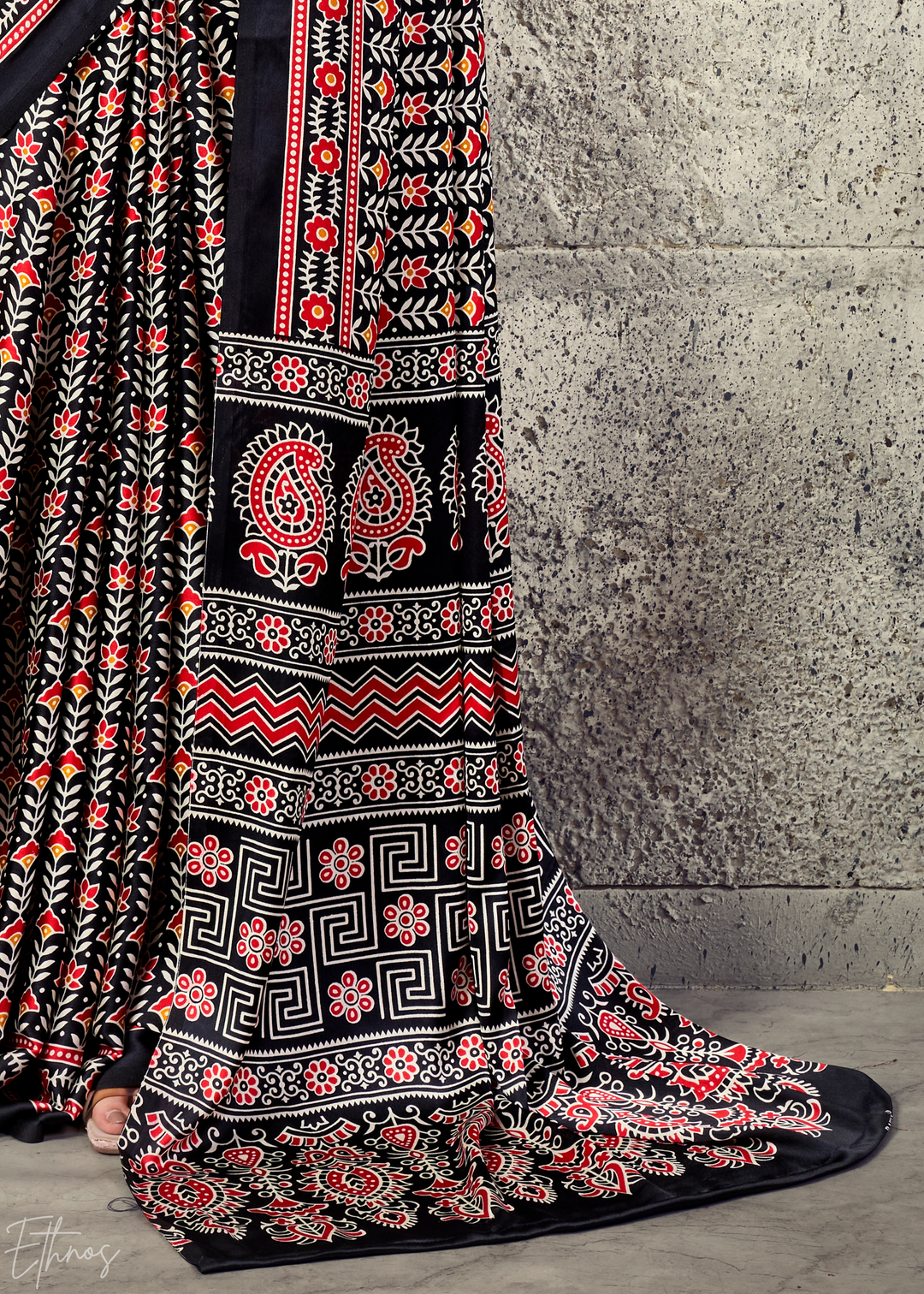 Obsidian Black Ajrakh Printed Modal Satin Saree