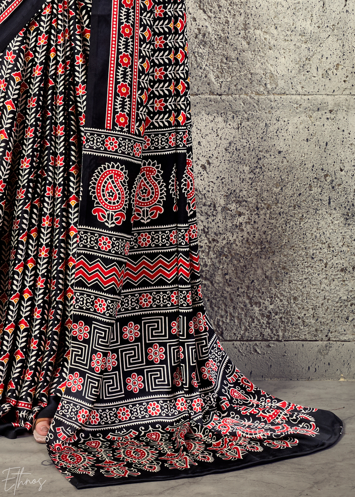 Obsidian Black Ajrakh Printed Modal Satin Saree