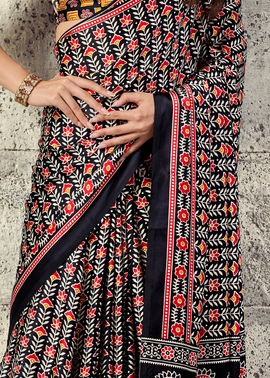 Obsidian Black Ajrakh Printed Modal Satin Saree
