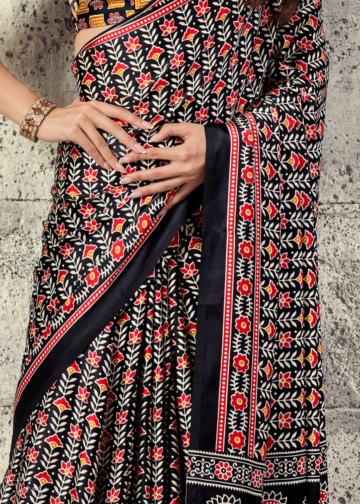 Obsidian Black Ajrakh Printed Modal Satin Saree