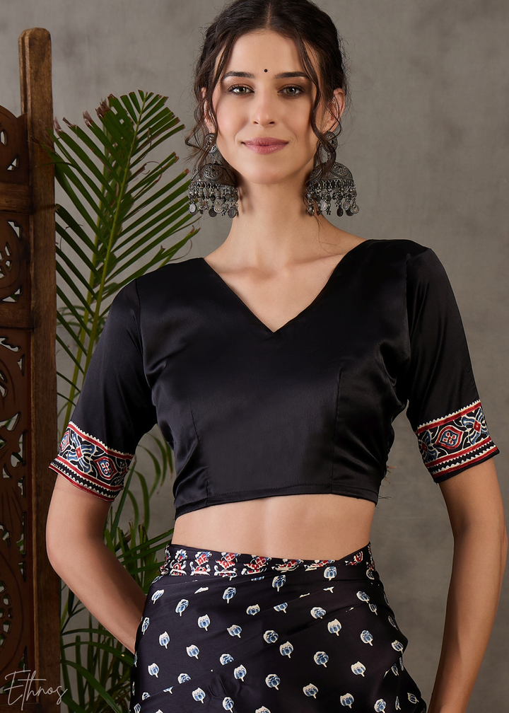 Obsidian Black Artisanal Lattice-Print Semi-Modal Silk Saree