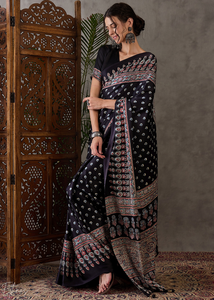 Obsidian Black Artisanal Lattice-Print Semi-Modal Silk Saree