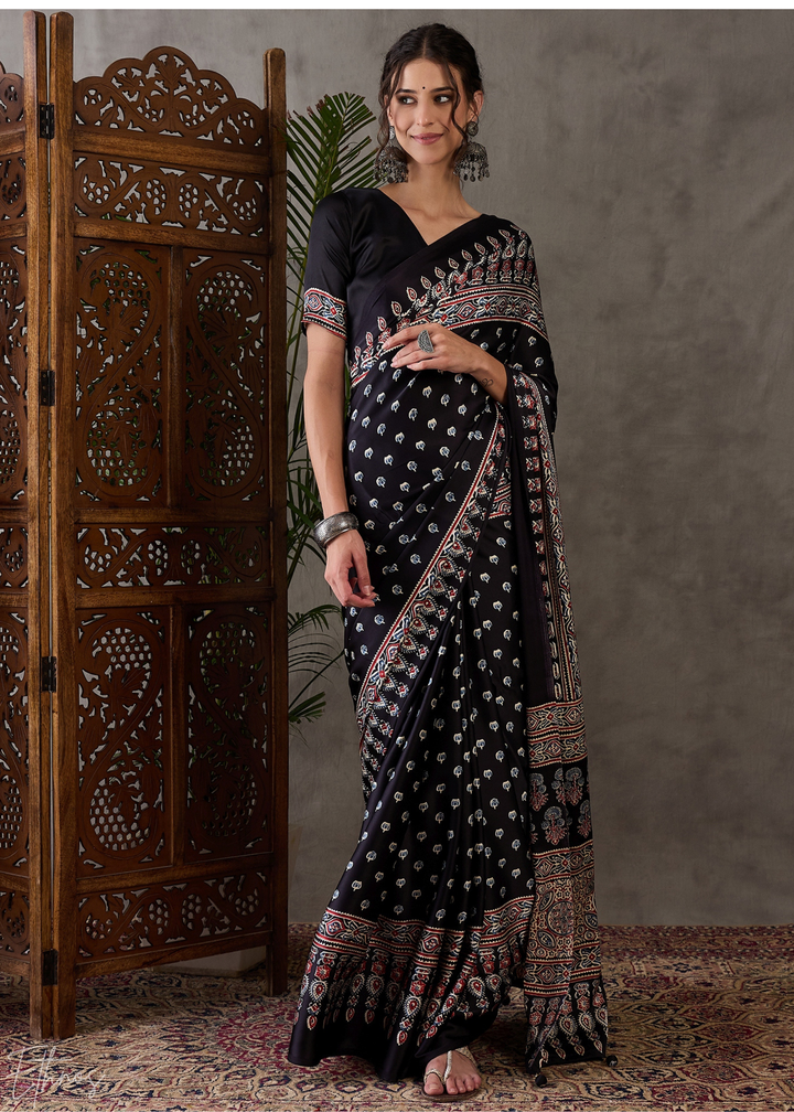 Obsidian Black Artisanal Lattice-Print Semi-Modal Silk Saree