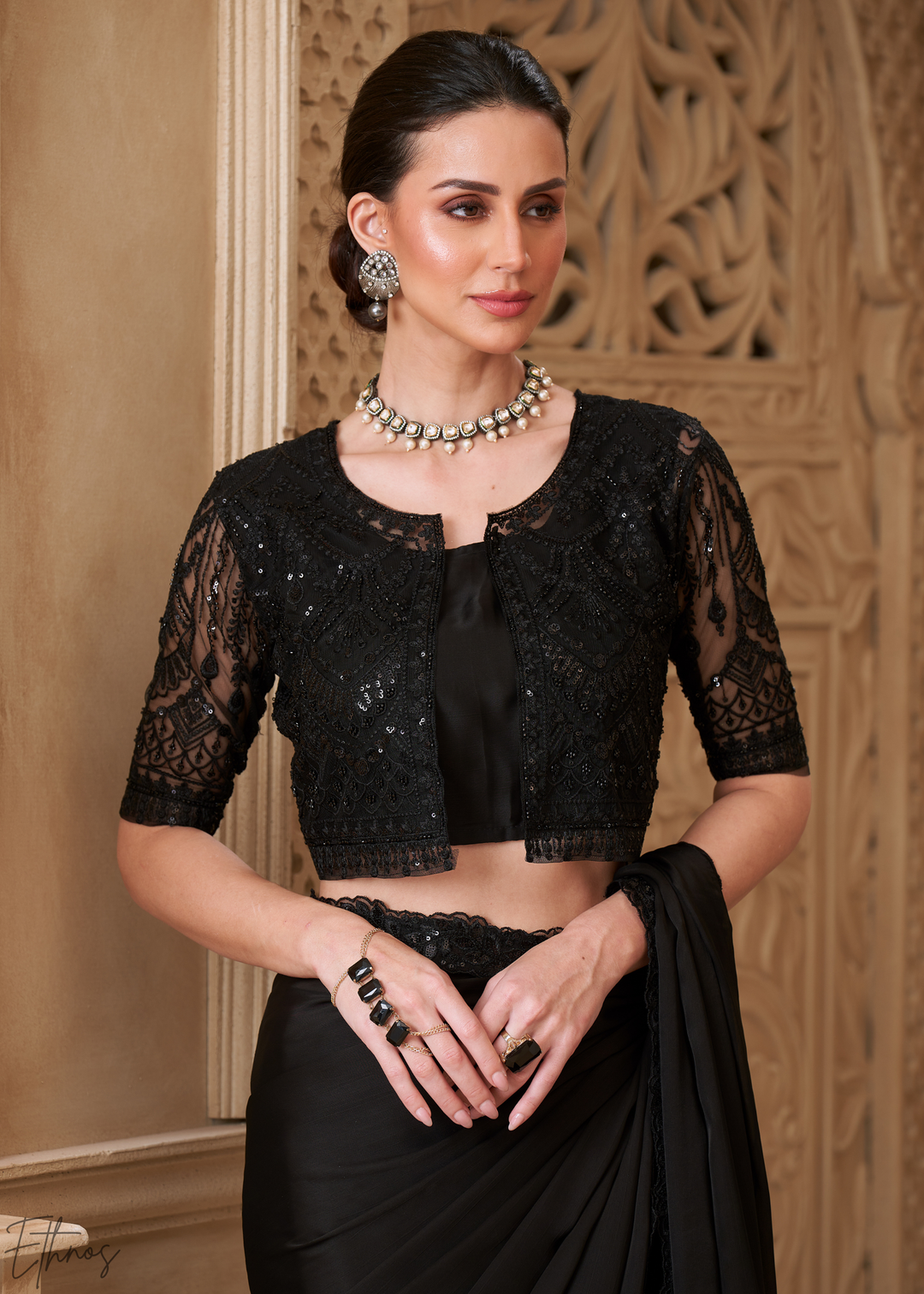Obsidian Black Classic Border Satin Georgette Saree