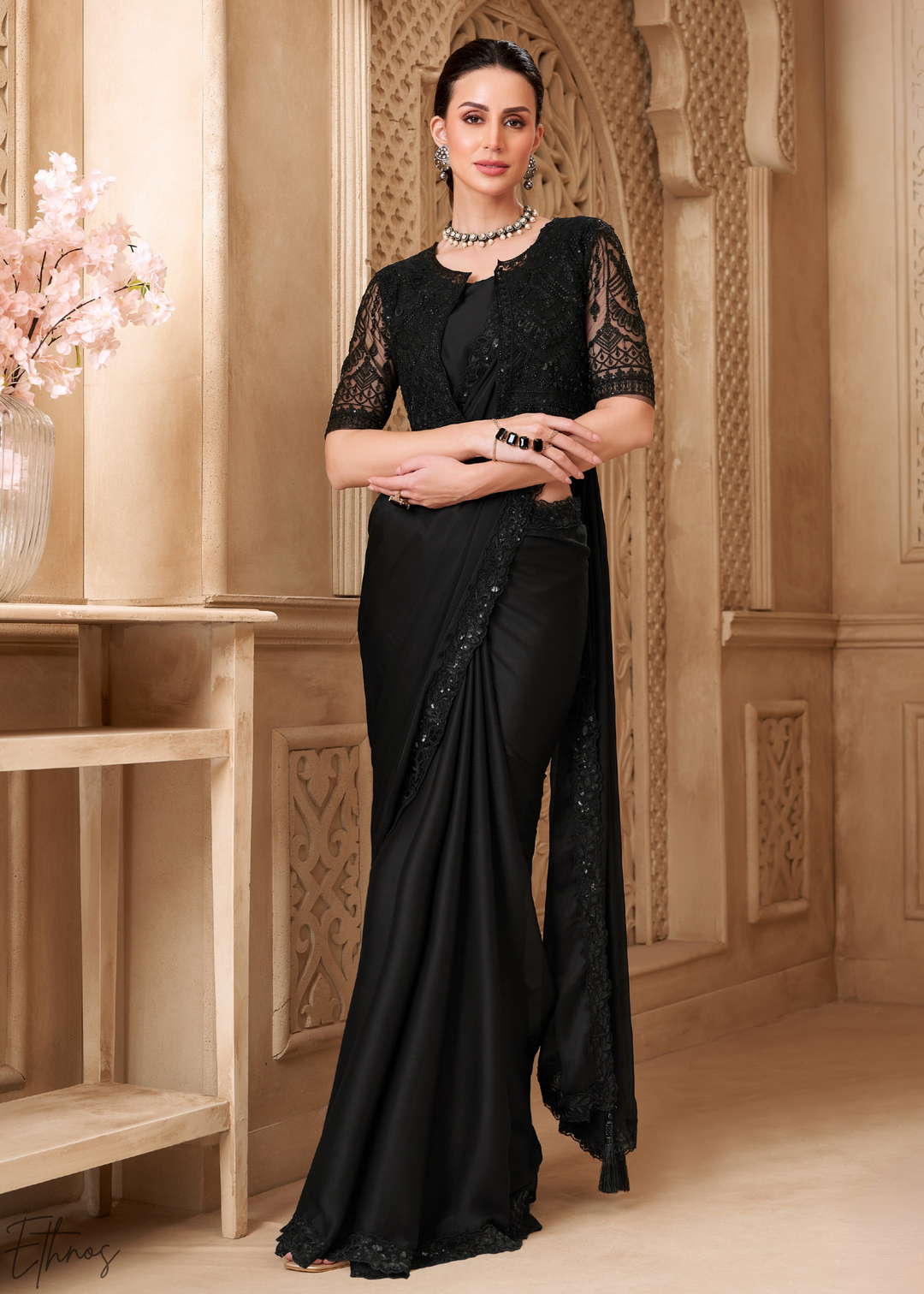 Obsidian Black Classic Border Satin Georgette Saree